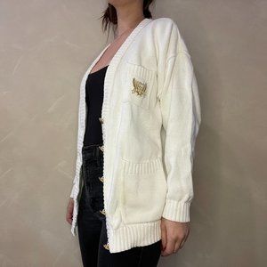 Vintage Liz Claiborne Liz Sport White with Gold Crest Cardigan Size Medium